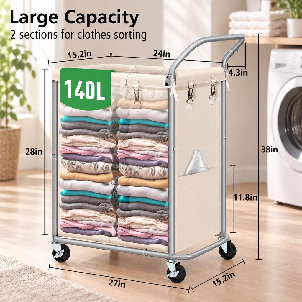 140L Double Rolling Laundry Hamper