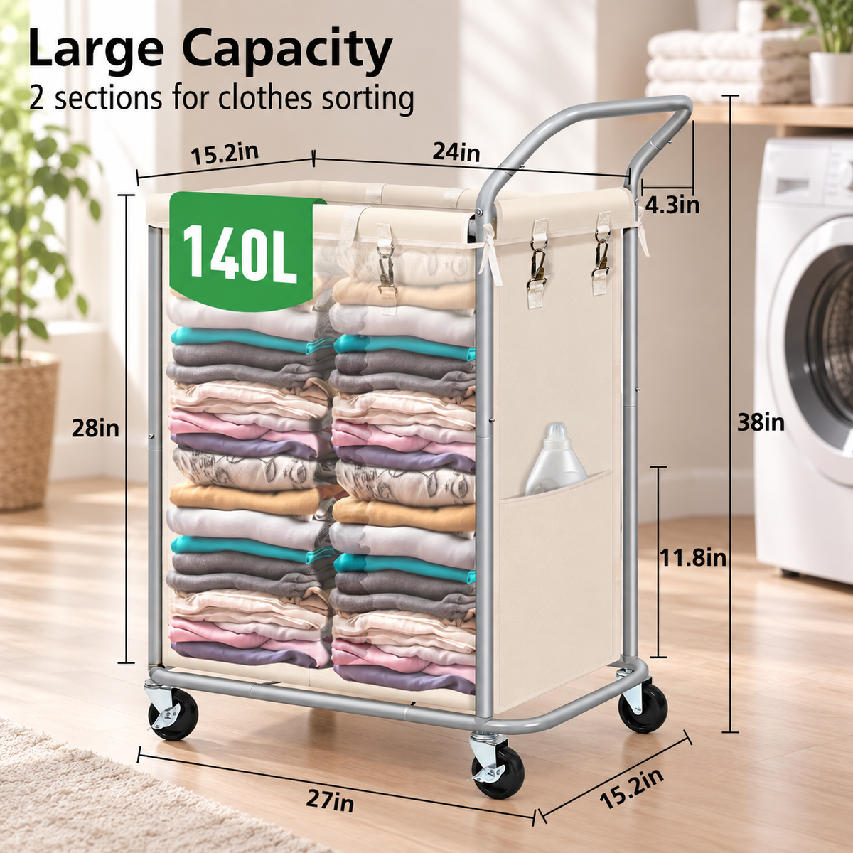 140L Double Rolling Laundry Hamper