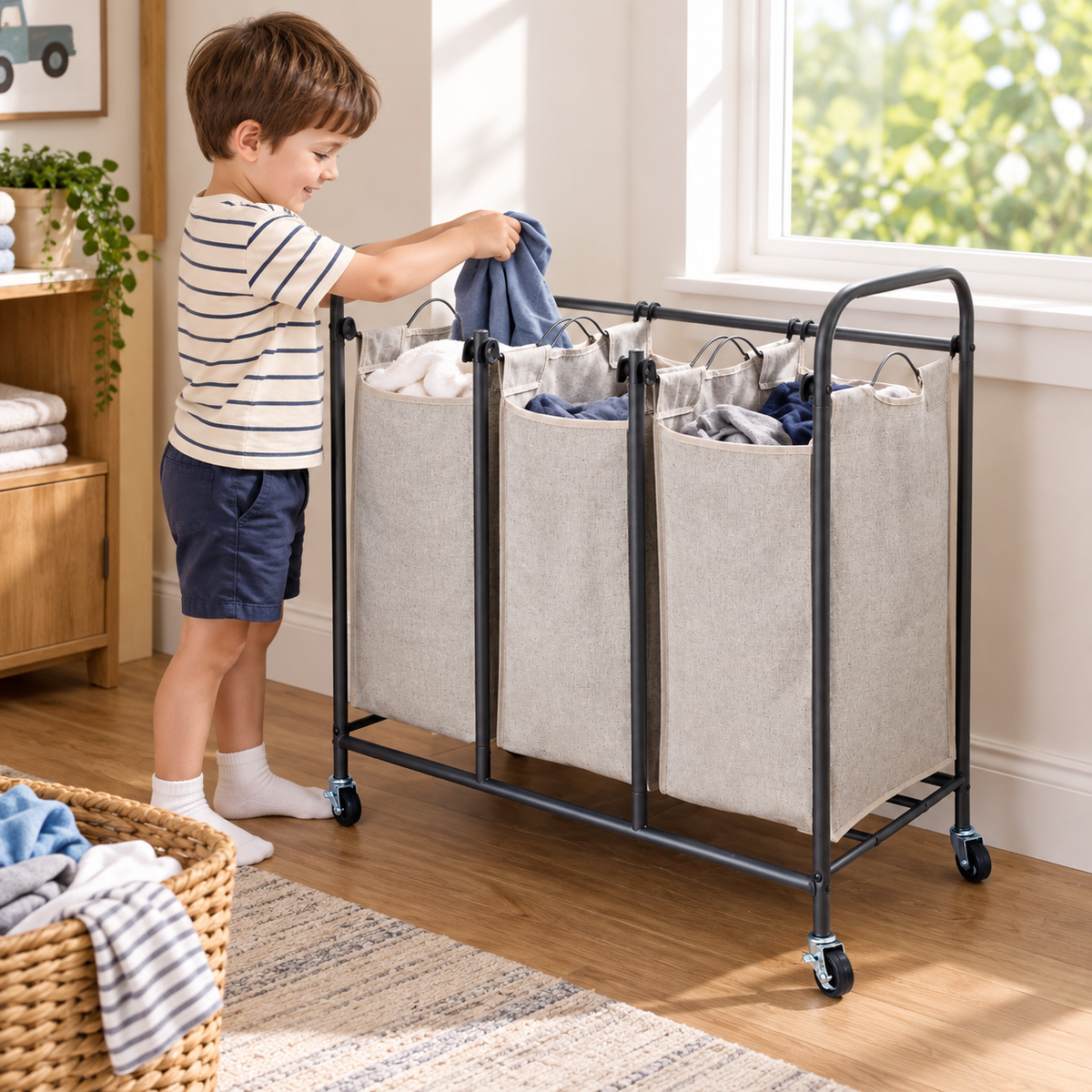 3-Bag Rolling Laundry Sorter
