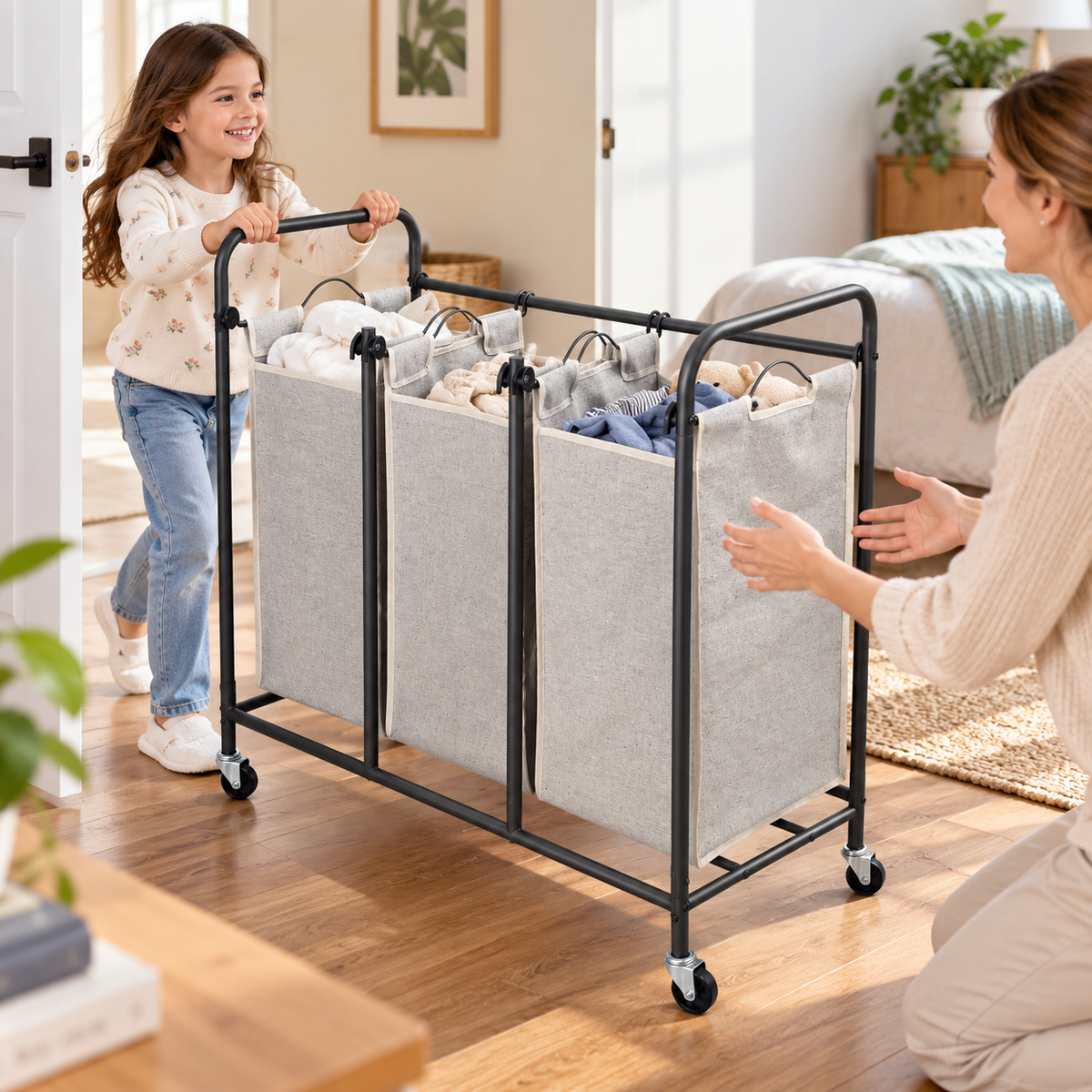 3-Bag Rolling Laundry Sorter